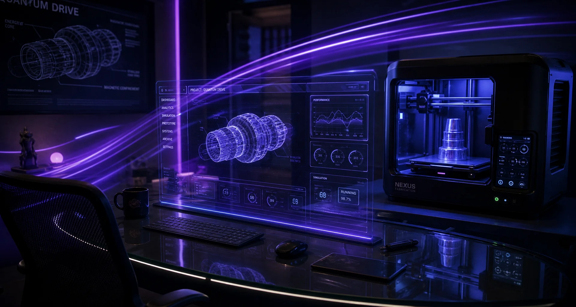 A futuristic digital workspace with holographic elements