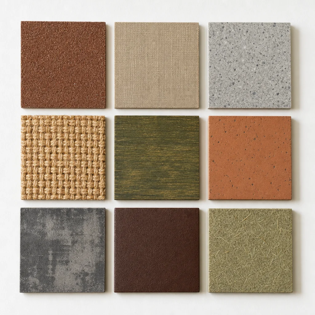 Close-up of material texture samples and color swatches