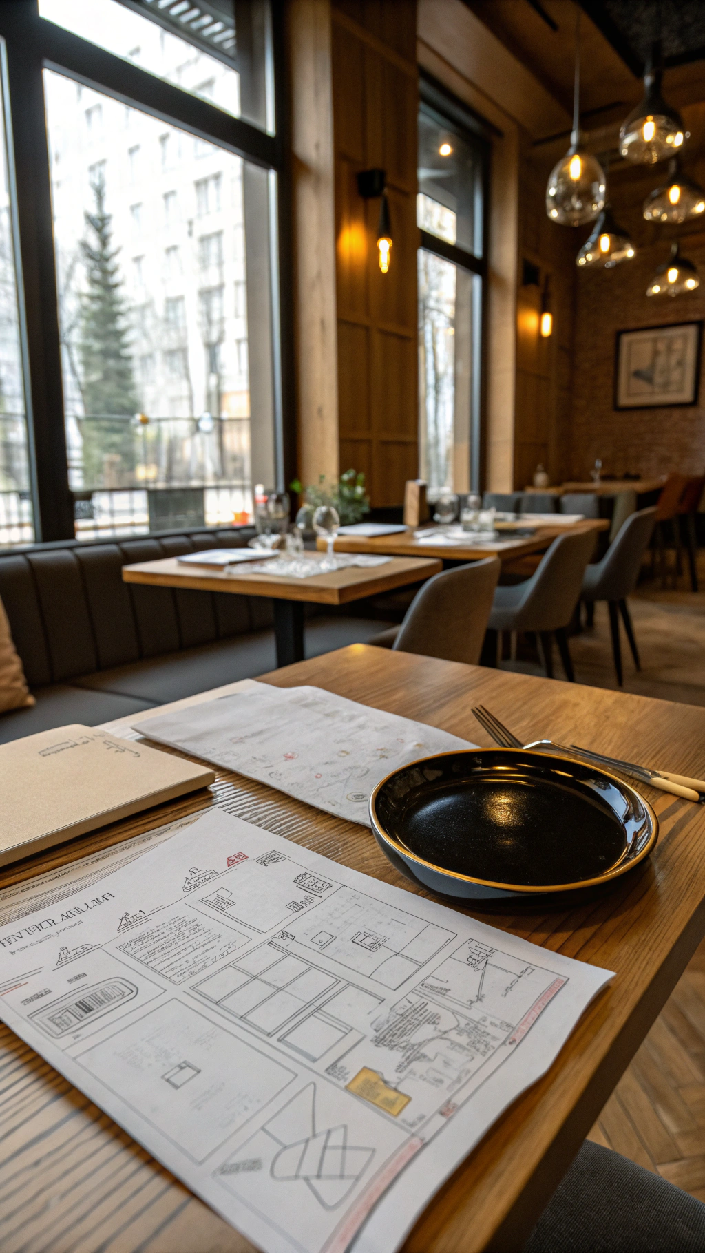 Hand-drawn architectural sketches on a wooden desk
