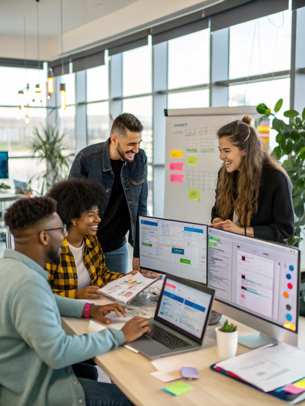 Team members collaborating in a modern open-plan office